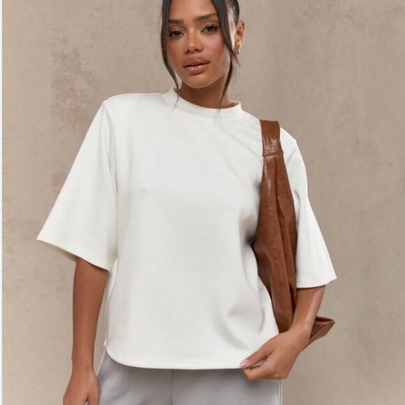Brunette The Label Tops - Brunette The Label White Boxy Tee | Relaxed Fit T-Shirt with Shoulder Pads
